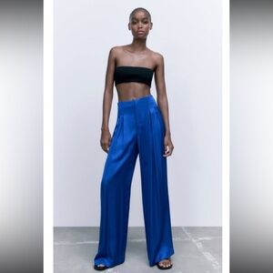 NEW ZARA SATIN EFFECT BLUE HIGH WAIST PANTS, S